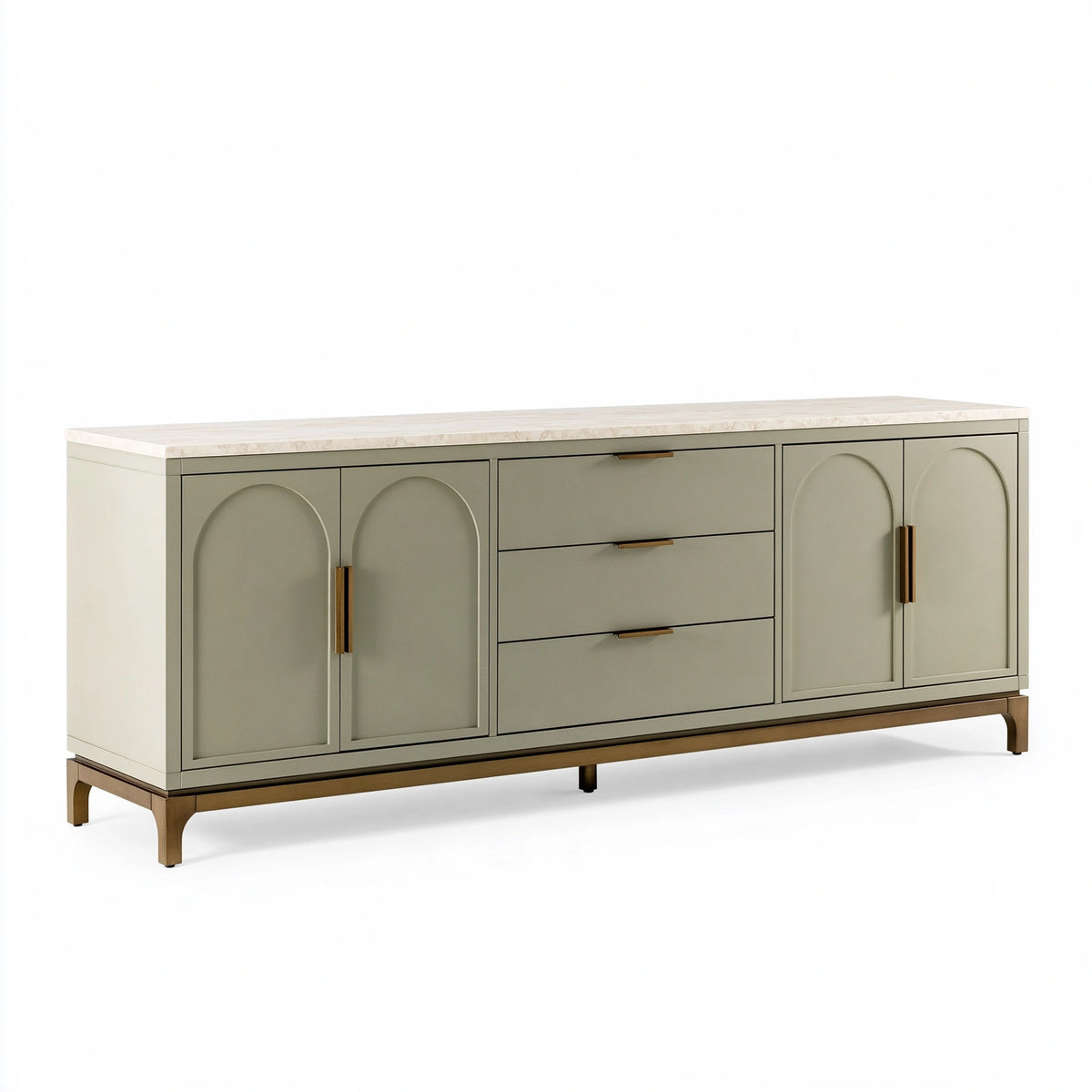 Buffet 180 x 45 x 85 cm vert sauge avec plateau effet marbre et rangement moderne