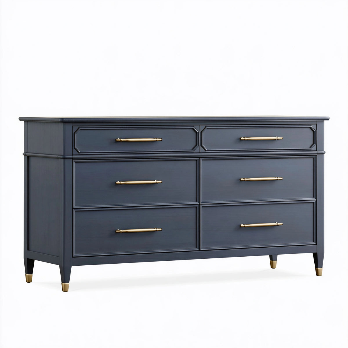 Commode 160 x 45 x 90 cm en bois bleu nuit et doré à 6 tiroirs style classique