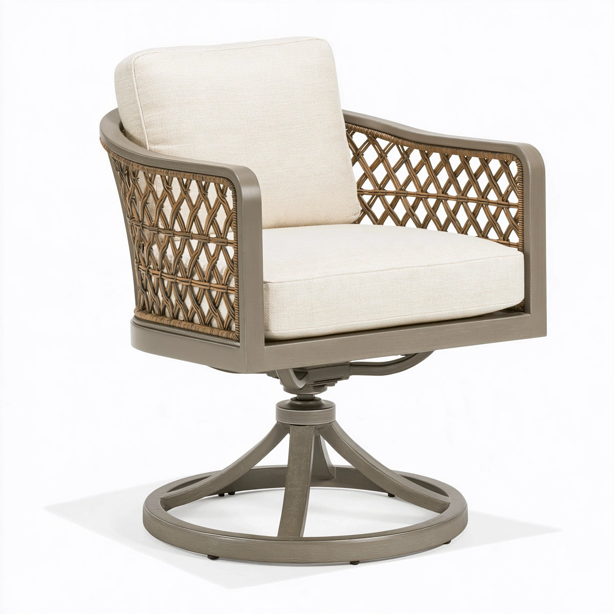 Fauteuil pivotant 75 x 70 x 85 cm en bois et résine tressée taupe écru style naturel