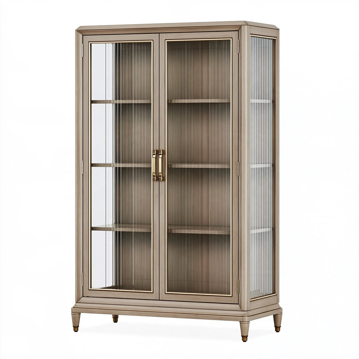 Vitrine 110 x 45 x 180 cm bois et verre taupe doré style classique avec rangement