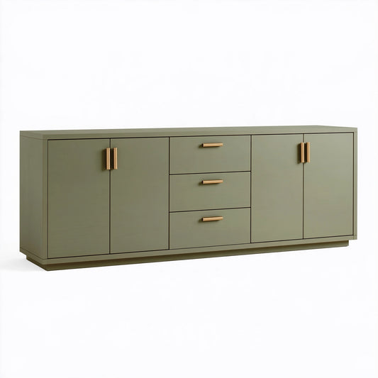 Buffet 180 x 45 x 85 cm en panneaux de bois vert olive avec 3 tiroirs et 4 portes style contemporain