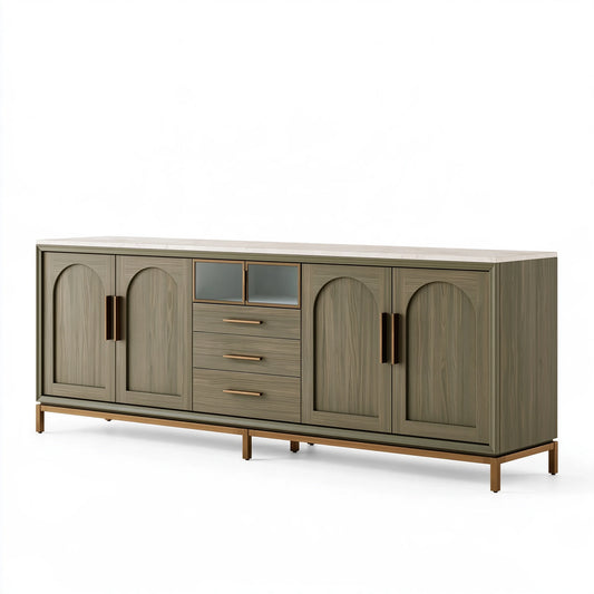 Buffet 200 x 45 x 90 cm aspect bois gris avec plateau effet marbre et rangement