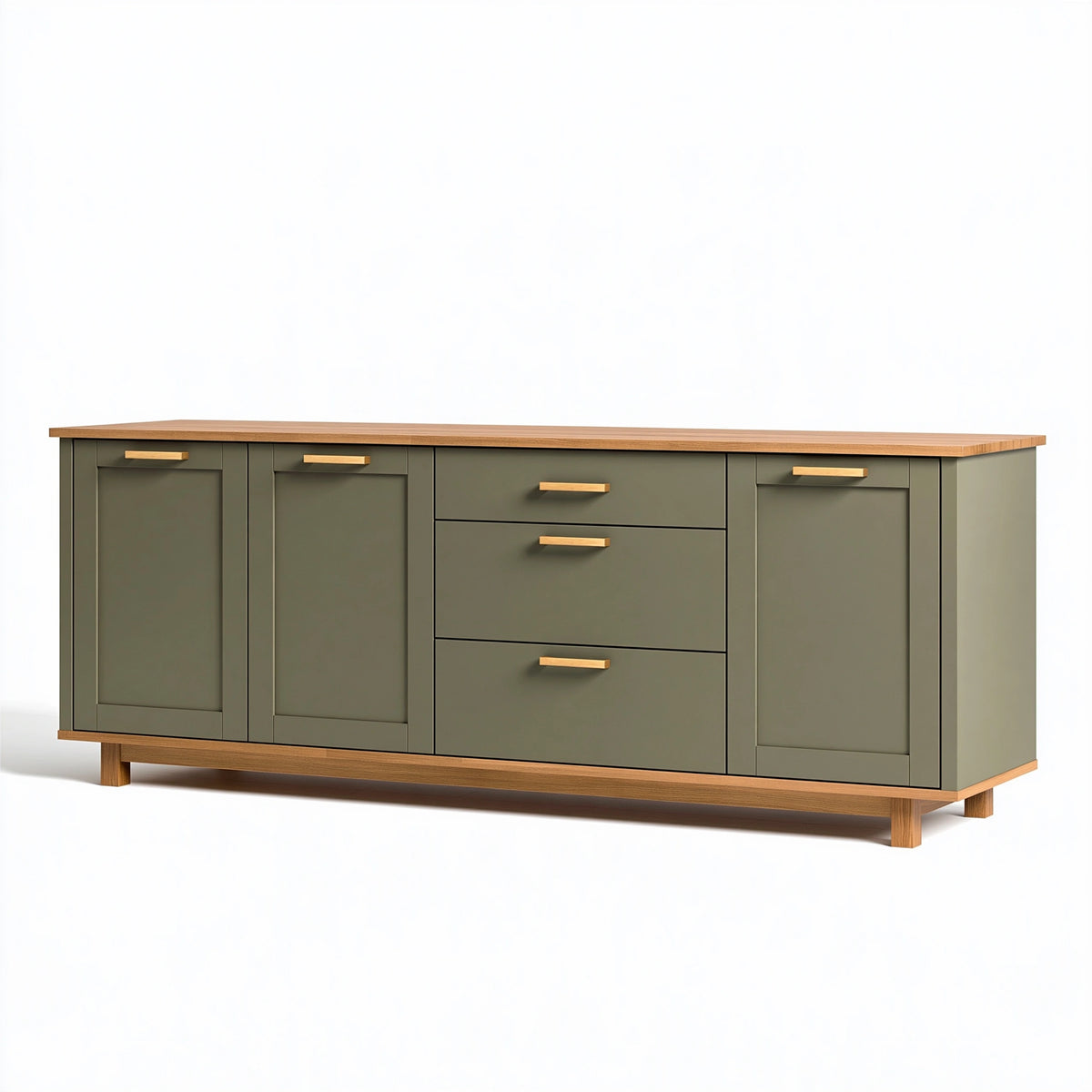 Buffet 200 x 45 x 90 cm vert olive et finition bois avec 3 tiroirs 4 portes style contemporain
