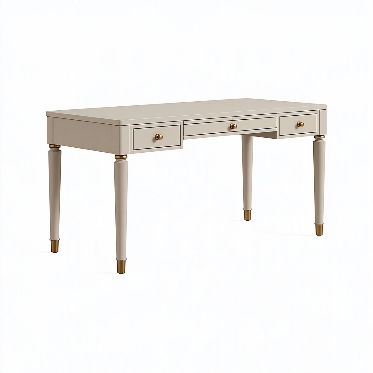 Bureau 150 x 60 x 76 cm en panneaux de bois beige et doré avec 3 tiroirs style classique