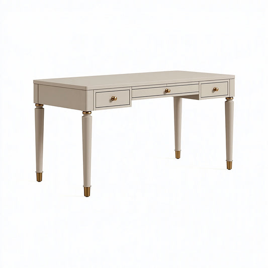 Bureau 150 x 60 x 76 cm en panneaux de bois beige et doré avec 3 tiroirs style classique