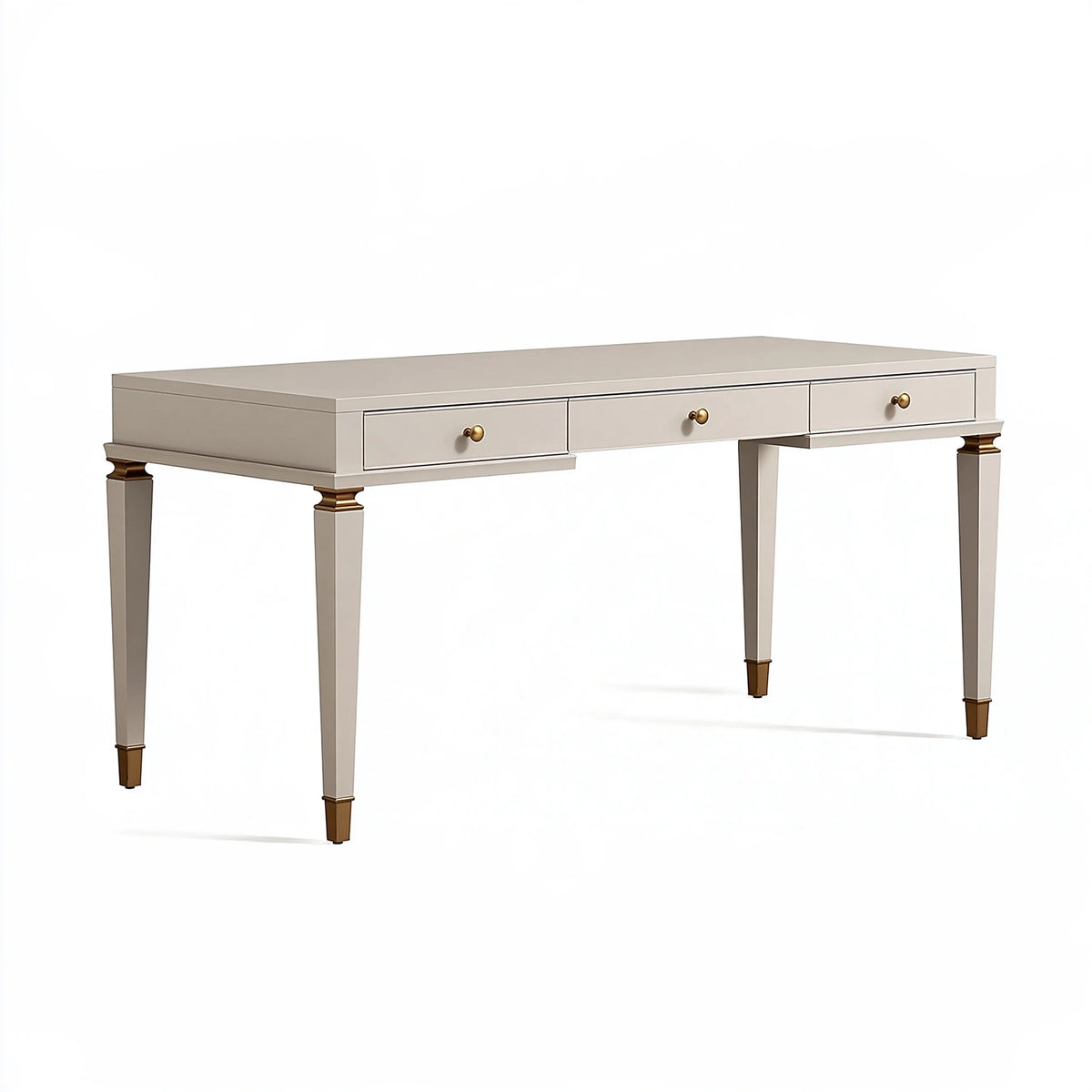 Bureau 140 x 60 x 76 cm en bois blanc et doré avec 3 tiroirs style classique