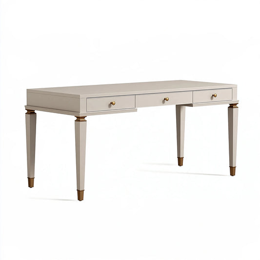 Bureau 140 x 60 x 76 cm en bois blanc et doré avec 3 tiroirs style classique