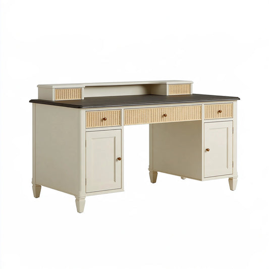 Bureau 150 x 60 x 105 cm en bois beige et brun avec rangements style vintage