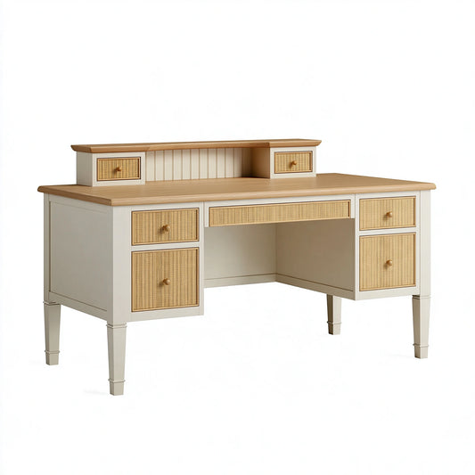 Bureau 140 x 60 x 110 cm en bois blanc et naturel avec tiroirs style campagne