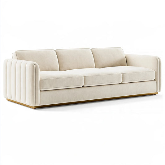 Canapé 3 places 220 cm en tissu beige style contemporain avec piètement doré
