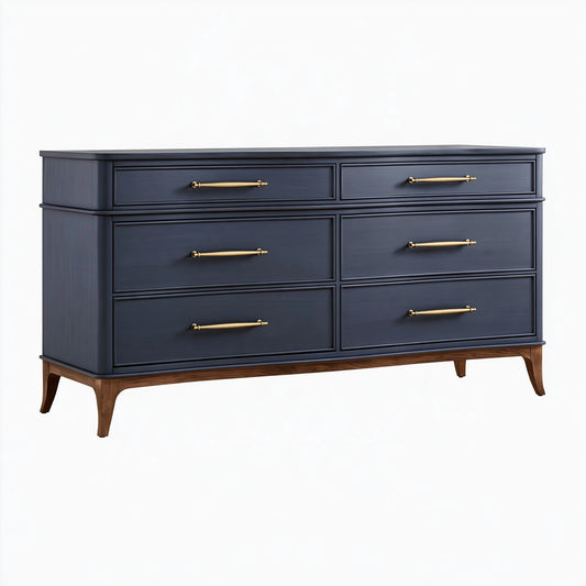 Commode 160 x 45 x 90 cm en bois bleu marine à 6 tiroirs style classique