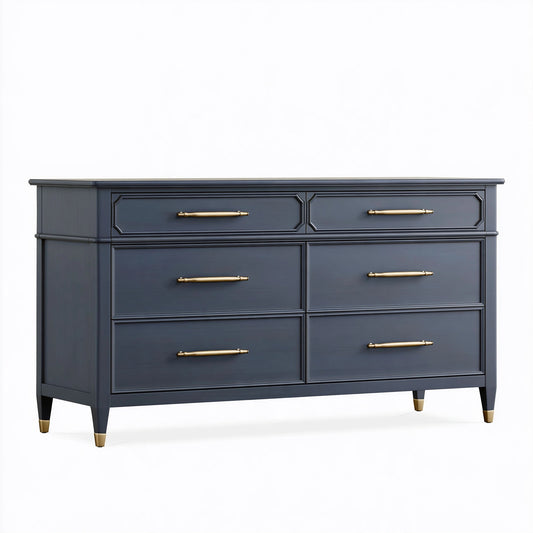 Commode 160 x 45 x 90 cm en bois bleu nuit et doré à 6 tiroirs style classique
