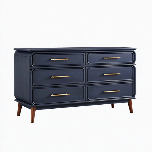 Commode 6 tiroirs 140 x 45 x 85 cm bois bleu nuit style rétro