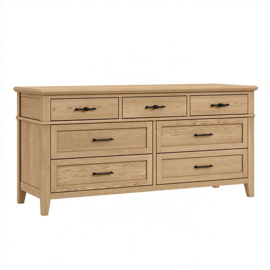 Commode 150 x 45 x 100 cm en bois chêne clair avec 7 tiroirs style classique