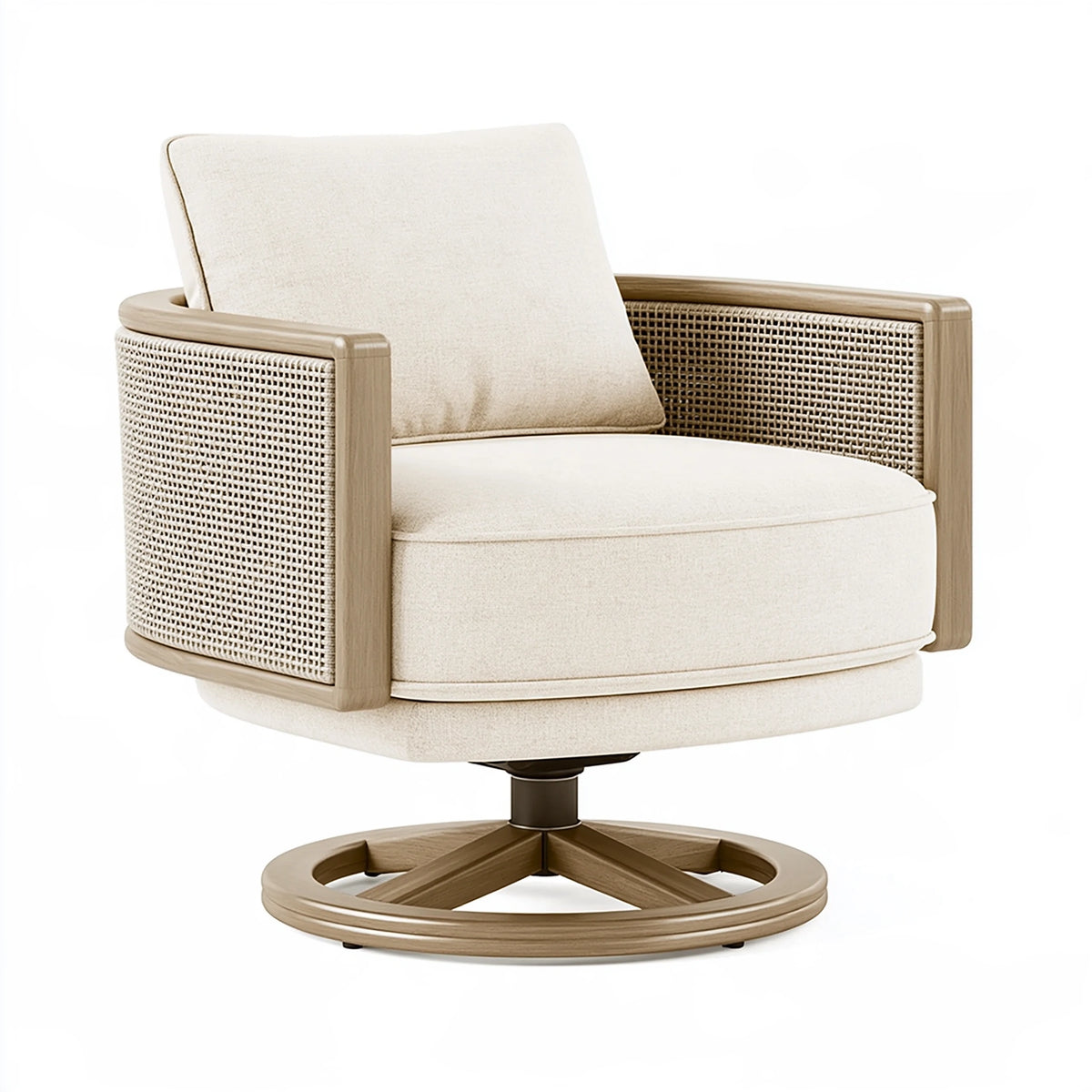 Fauteuil pivotant 75 x 80 x 85 cm en bois cannage et tissu beige style naturel