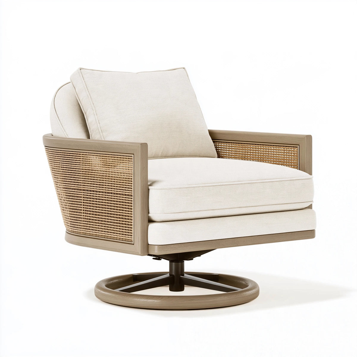Fauteuil pivotant 80 x 85 x 90 cm en bois cannage et tissu écru style naturel