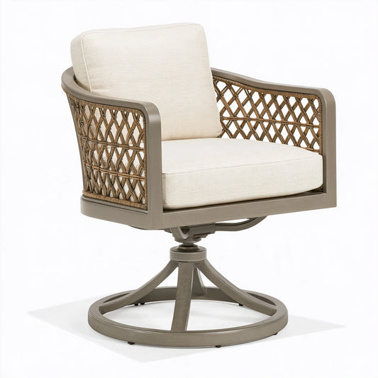 Fauteuil pivotant 75 x 70 x 85 cm en bois et résine tressée taupe écru style naturel