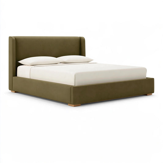 Lit 160 x 200 cm en tissu vert olive avec tête de lit capitonnée style contemporain