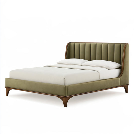 Lit 160 x 200 cm en tissu vert olive et bois brun avec tête de lit capitonnée style contemporain