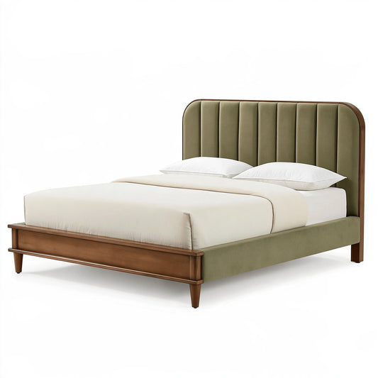Lit 160 x 200 cm en bois et tissu vert avec tête de lit capitonnée style contemporain