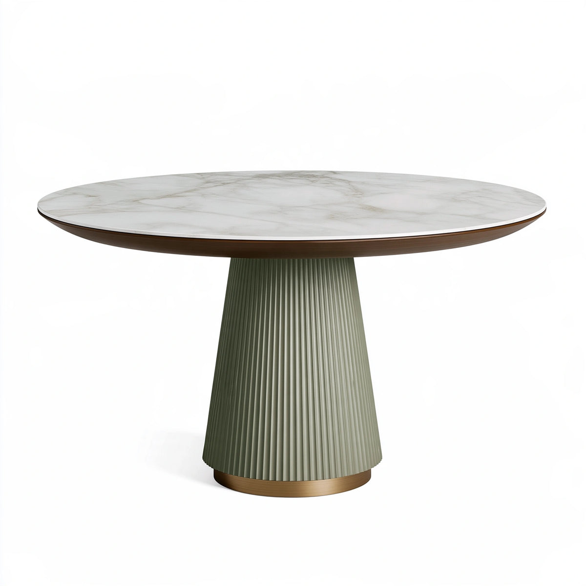 Table à manger ronde diamètre 120 cm effet marbre blanc vert et bois - piètement central cannelé