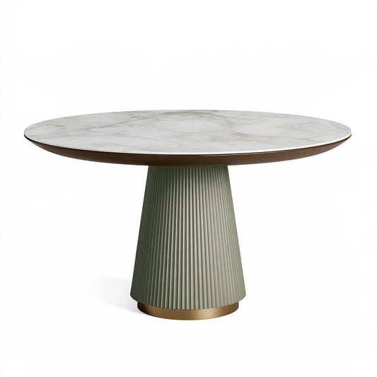 Table à manger ronde diamètre 120 cm effet marbre blanc vert et bois - piètement central cannelé