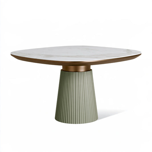 Table de salle à manger ovale 180 x 100 cm effet marbre blanc pied cannelé vert