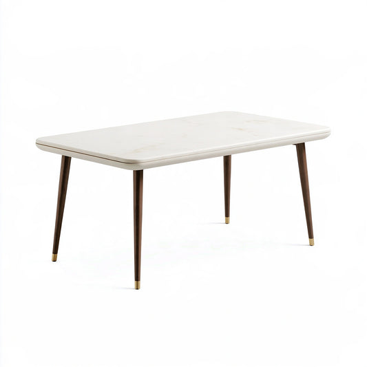 Table de salle à manger 160 x 90 cm plateau effet marbre blanc pieds en bois brun style contemporain