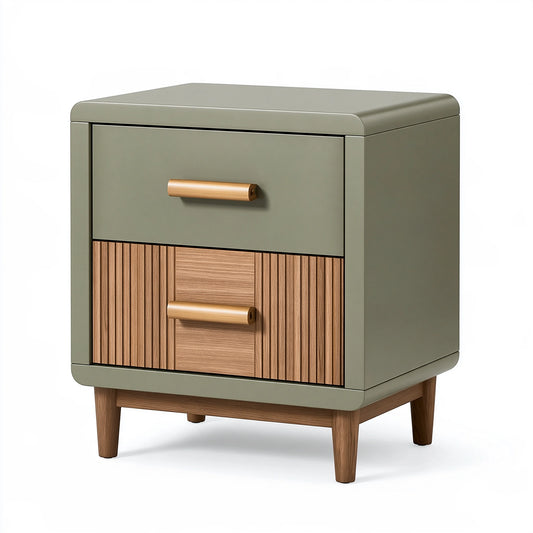 Table de chevet 45 x 40 x 60 cm en bois vert olive et naturel - 2 tiroirs style contemporain