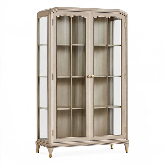 Vitrine 100 x 45 x 190 cm en bois beige avec portes en verre nervuré style classique